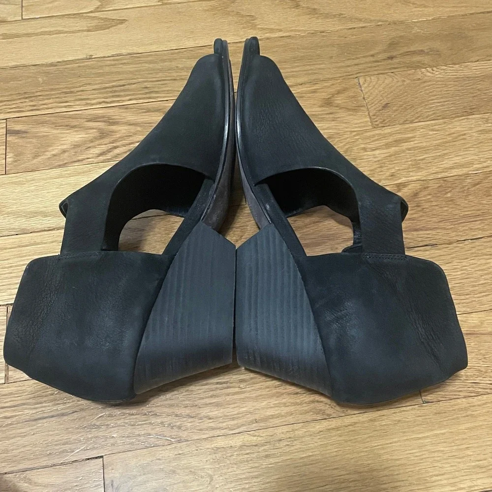 Eileen‎ Fisher Black Leather Open Toe Wedge Sandals Cutout Booties Women's 10